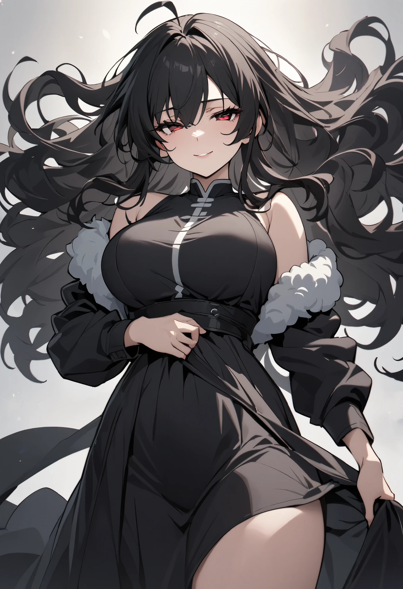 (high-quality, breathtaking),(expressive eyes, perfect face) 1girl, female, solo, mature, half open eyes, Alicization, Symmetrical Eyes, gentle smile, Long hair, SAO inspired, maomao, cowboy shot, medium full shot, Long black hair, bangs, alluring red eyes, Large breasts, long black leather jacket, White floofy sun dress, black white and gray palette, hair between eyes, fluffy wavy hair, half open eyes, small Ahoge, black hair color