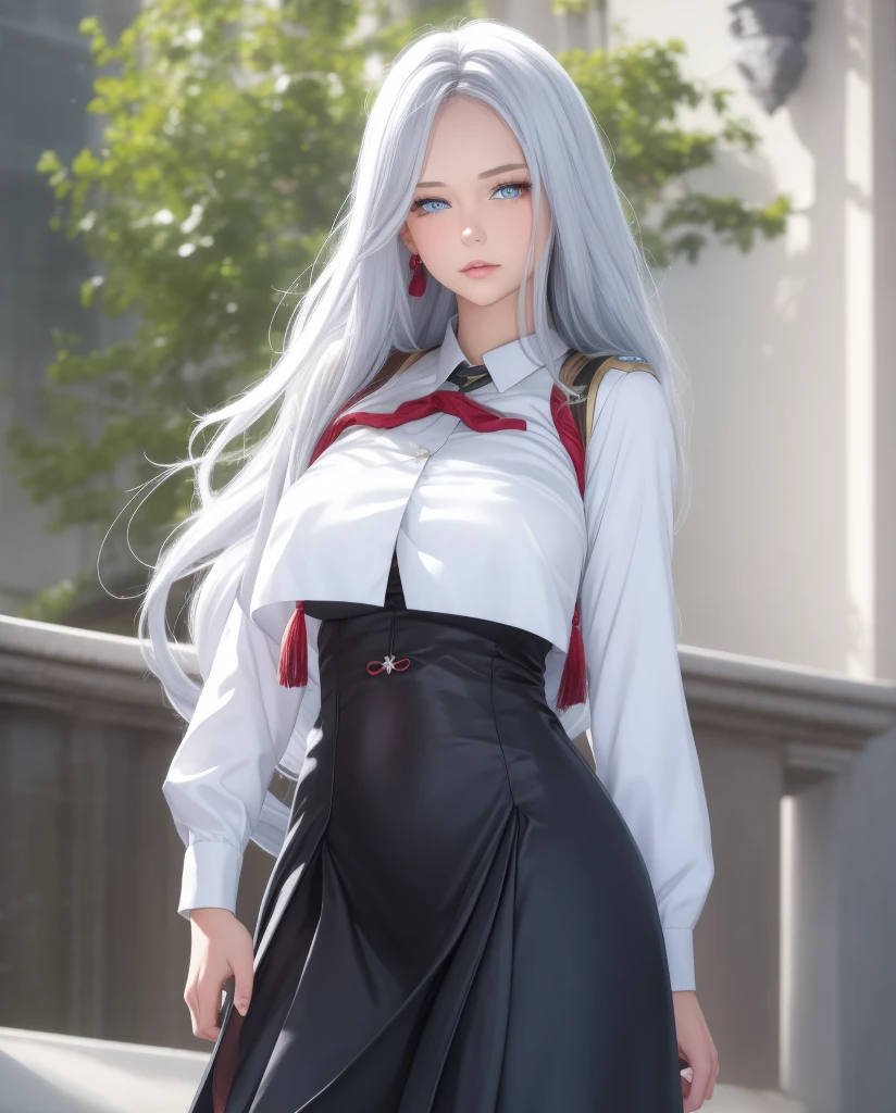     a beautiful girl,   blue eyes  ,   closed lips    ,   long hair  ,    high resolution , breast ,   silver hair  ,  high resolution , Pechos, outfit school dress, traje de marinero, mirando la cámara, cuerpo entero
