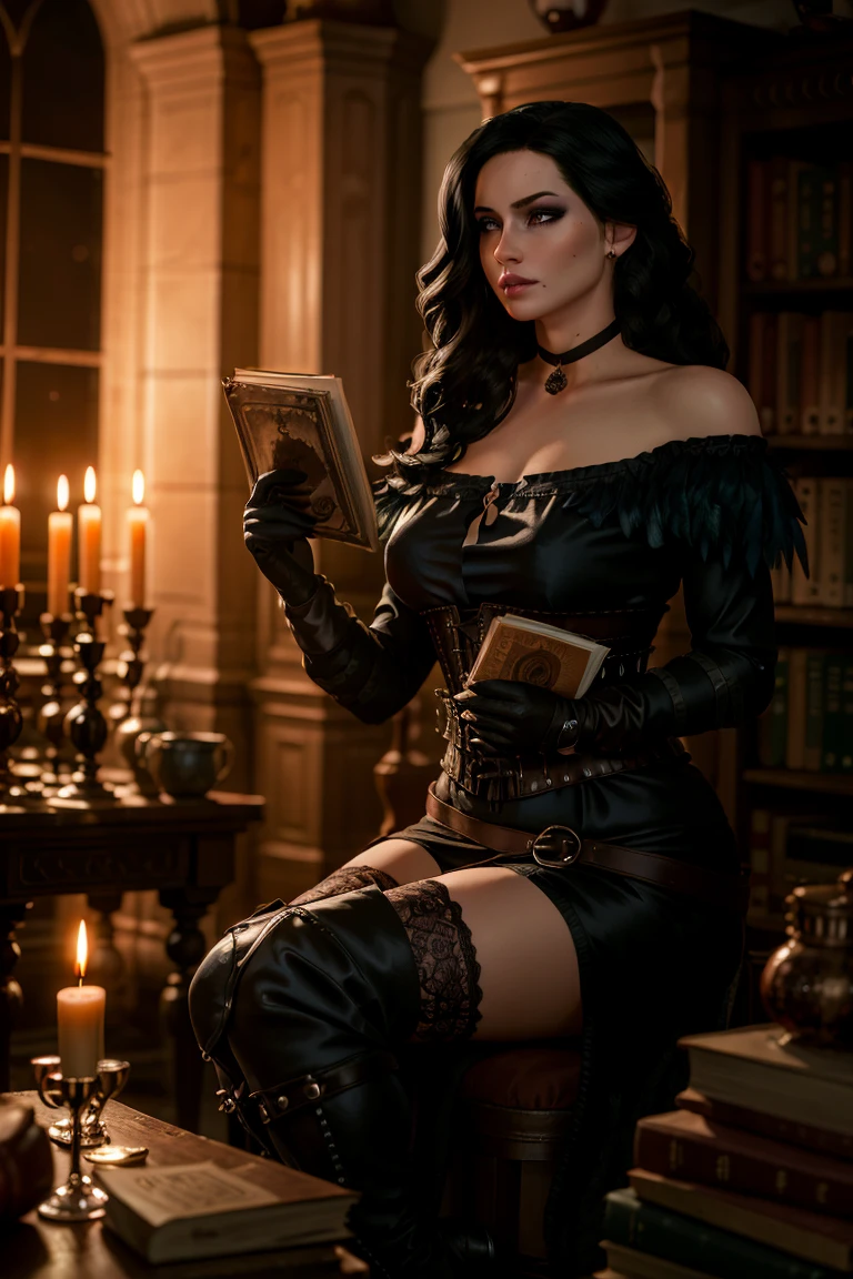 (masterpiece, best quality:1.2),  yenW3_soul3142, 1girl, solo, long hair, black hair, purple eyes, mole under mouth, black dress, corset, thighhighs, gloves, bare shoulders, medium breasts, sitting, boots, choker, belt, indoors, off shoulder, holding book, brown gloves, realistic, candle, candlestand, candlelight