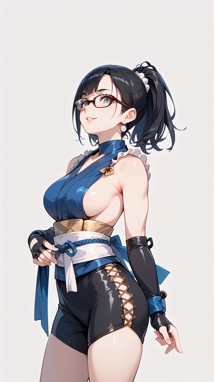 Black hair, glasses, pearl earrings, ninja