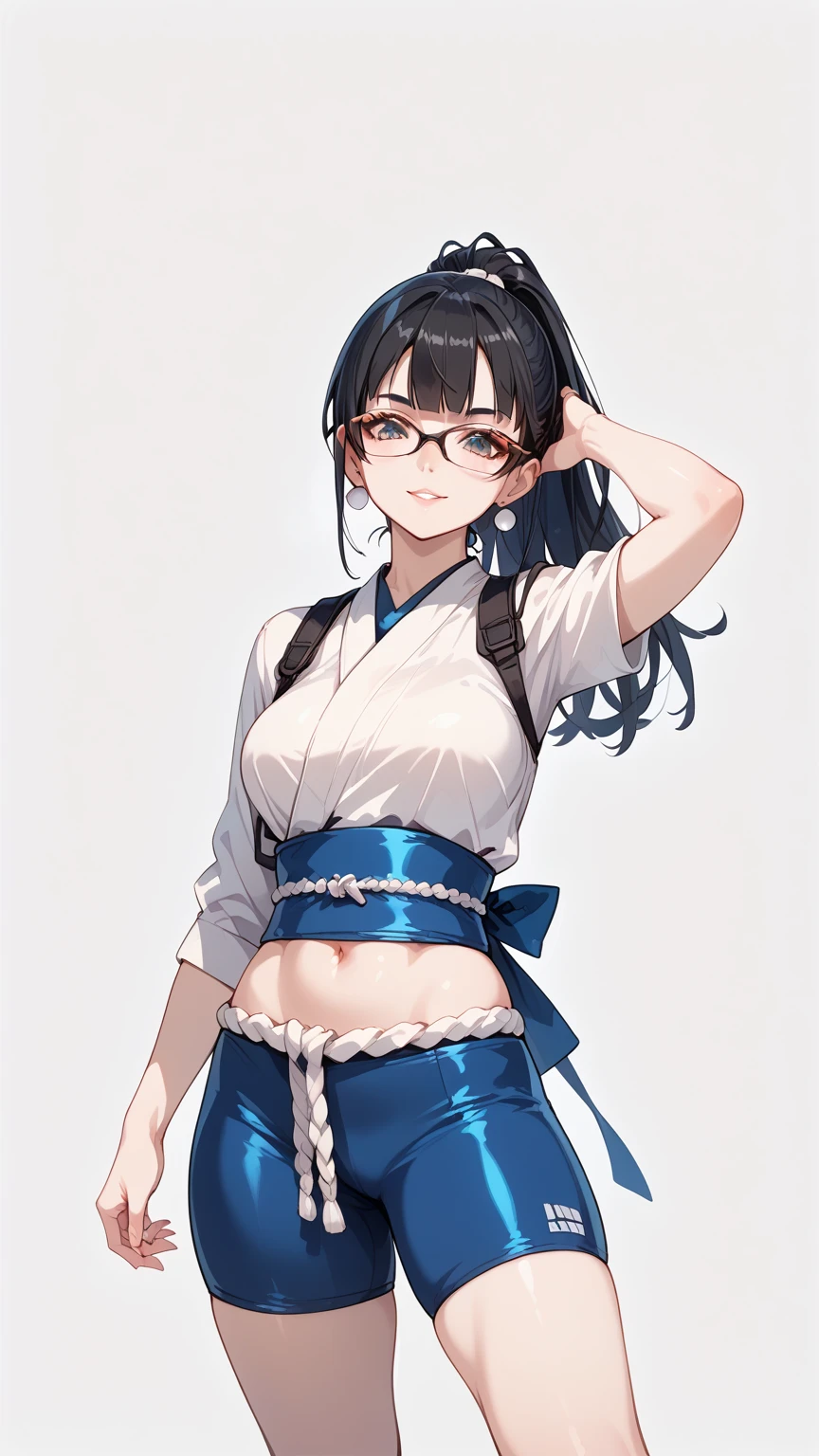 Black hair, glasses, pearl earrings, ninja