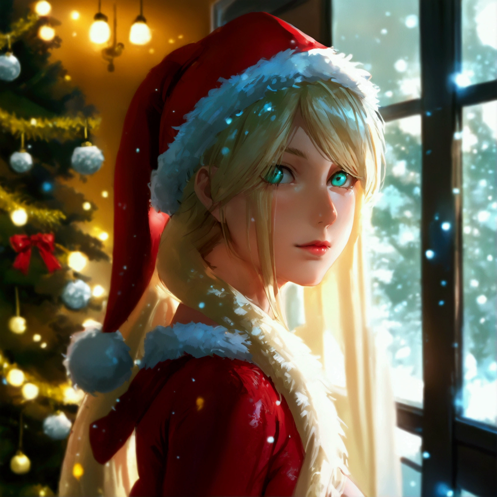 A long blonde ponytail hairstyle girl with light green eyes, tall, slender, curvaceous body wearing a christmas outfit on xmas day