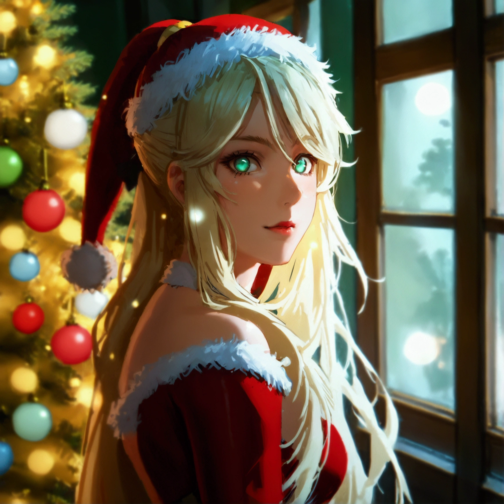 A long blonde ponytail hairstyle girl with light green eyes, tall, slender, curvaceous body wearing a christmas outfit on xmas day