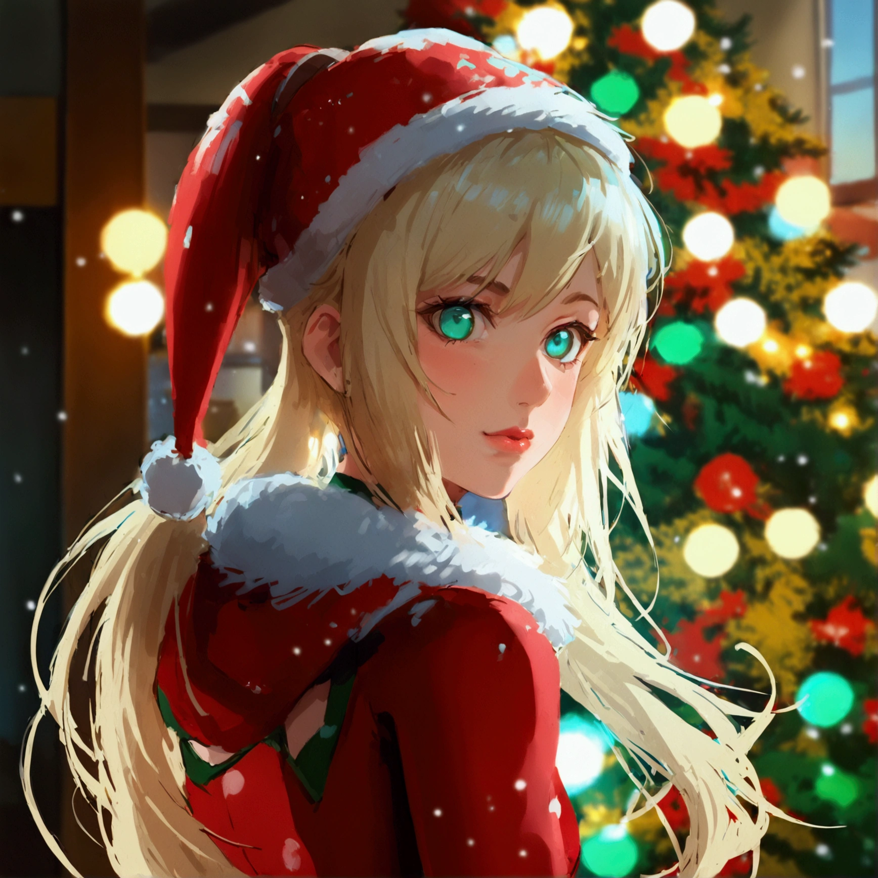 A long blonde ponytail hairstyle girl with light green eyes, tall, slender, curvaceous body wearing a christmas outfit on xmas day