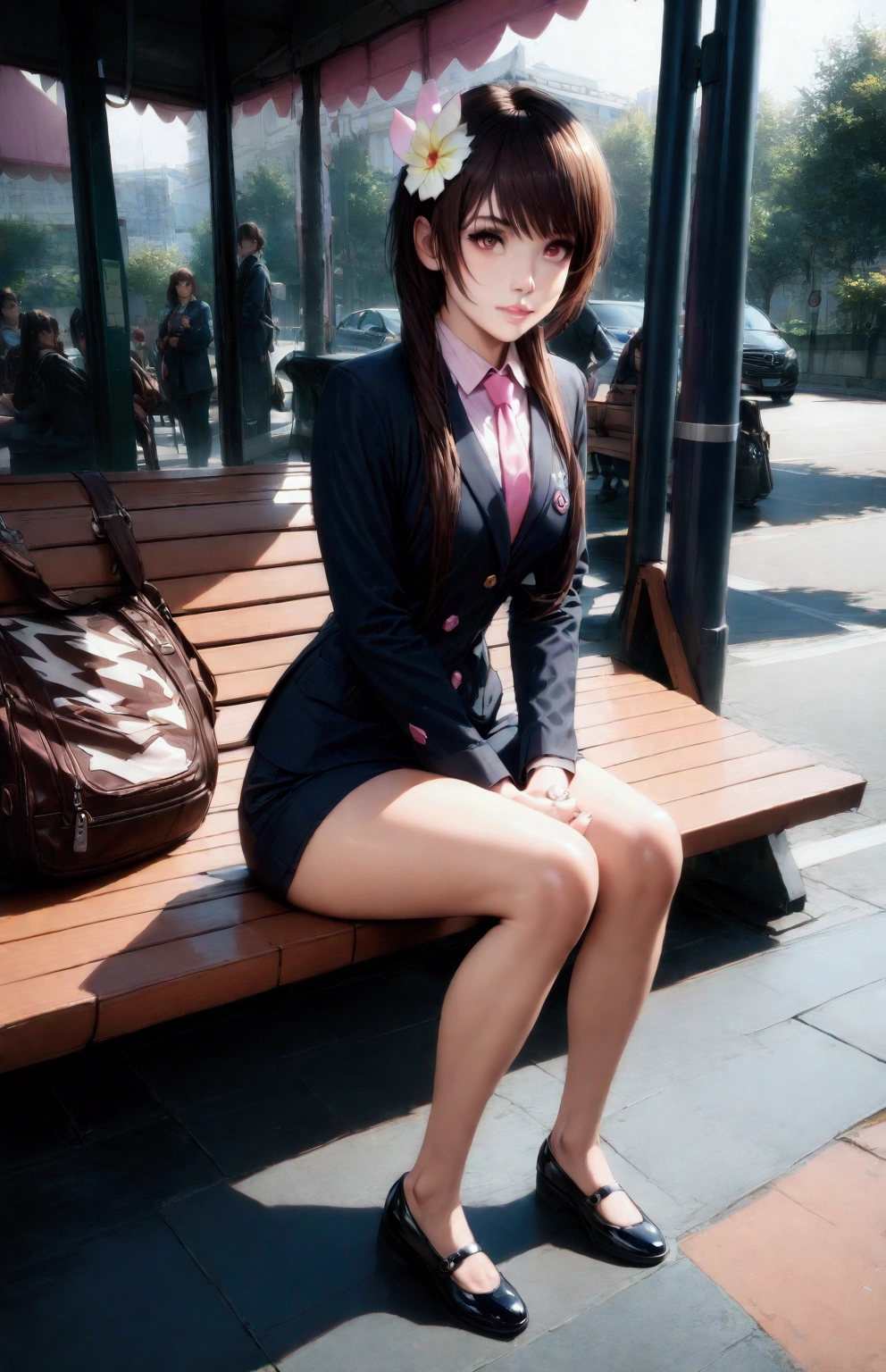 young woman, {Tachibana Marika, brown eyes, hair ornament, hair flower, light brown hair, short hair with long locks, bangs}, sitting, waiting a bus, green bus stop, navy-blue long sleeves blazer, pink collared undershirt, navy-blue necktie, navy-blue pencil mini skirt, black flat shoes, black bag, BREAK, (1girl, solo, full body), (best quality,4k,8k,highres,masterpiece:1.2),ultra-detailed,(realistic,photo-realistic:1.37),cinematic lighting,moody lighting,dramatic shadows,vibrant colors, (expressive eyes, perfect face, perfect anatomy), brighter lighting
