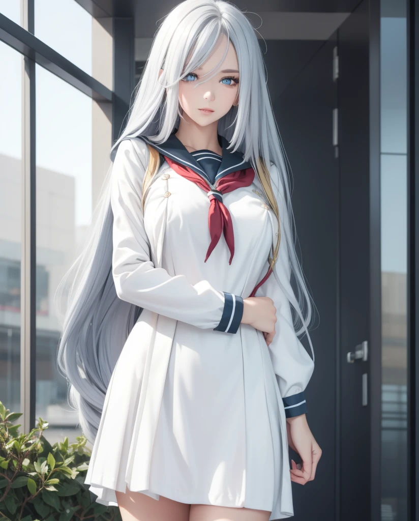     a beautiful girl,   blue eyes  ,   closed lips    ,   long hair  ,    high resolution , breast ,   silver hair  ,  high resolution , Pechos, outfit school dress, traje de marinero escolar , mirando la cámara, cuerpo entero
