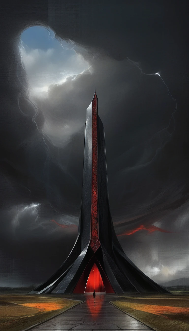 Realistic scenery, a black tower taller than edge of image, ((made of obsidian blocks)), Gothic architecture, roman arches, flying buttresses, red glass mosaic windows, sky is a dark and ominous vibe, sky is amber-red colored, ring thunder clouds around cloudy sky, the road to the tower is modern tarmac with painted lines, road is surrounded by royal red roses in bloom, roses have a tiny cosmos in the center of the bloom, moody, atmospheric, darkly threatening, awawa, pencekenan