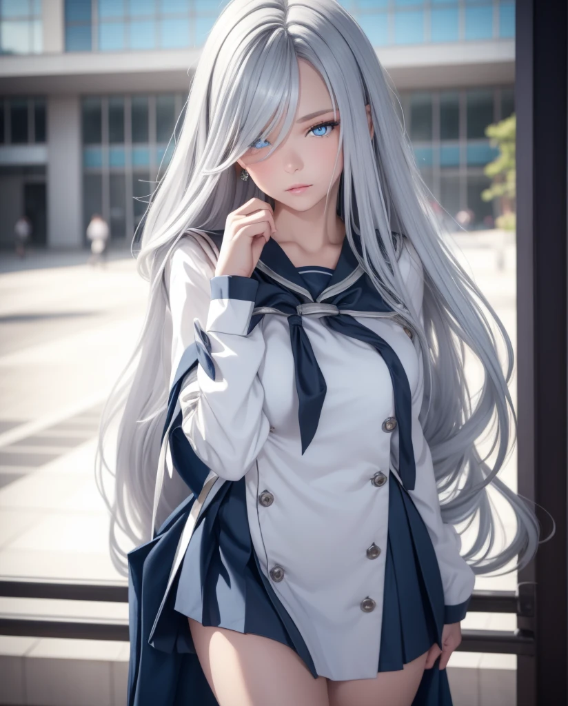     a beautiful girl,   blue eyes  ,   closed lips    ,   long hair  ,    high resolution , breast ,   silver hair  ,  high resolution , Pechos, outfit school dress, traje de marinero escolar , mirando la cámara, 
