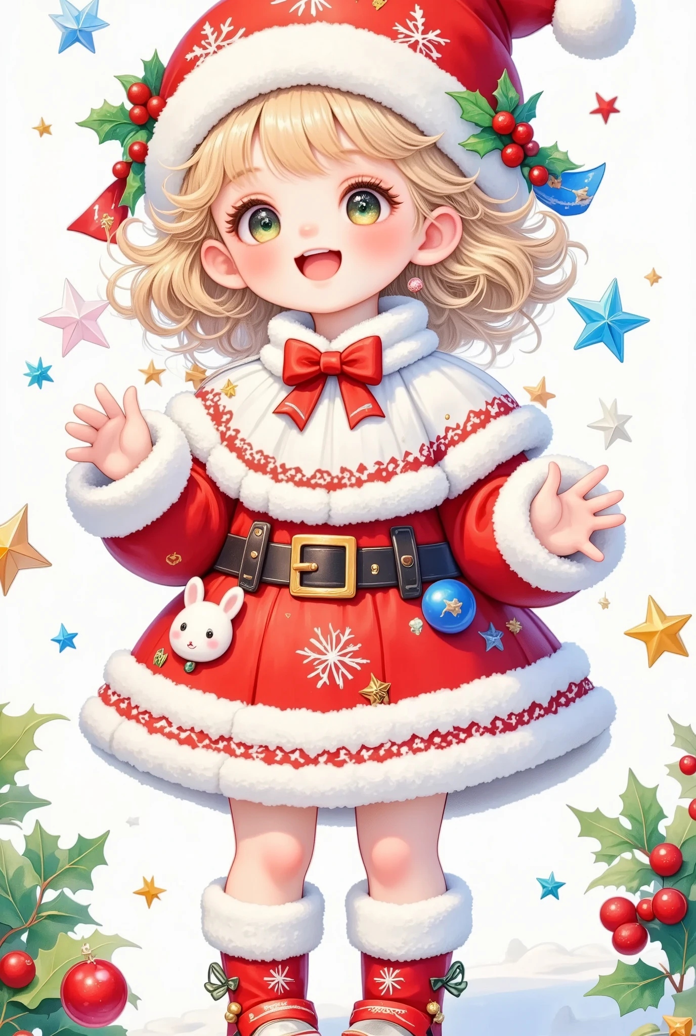 A girl in a Santa costume,  cute kawaii girl, animated visual effects，whole body， Cute Girl,  可爱的细节艺术品 , 可爱的数字艺术, Santa hat，sock，shoe，，Chibi doll