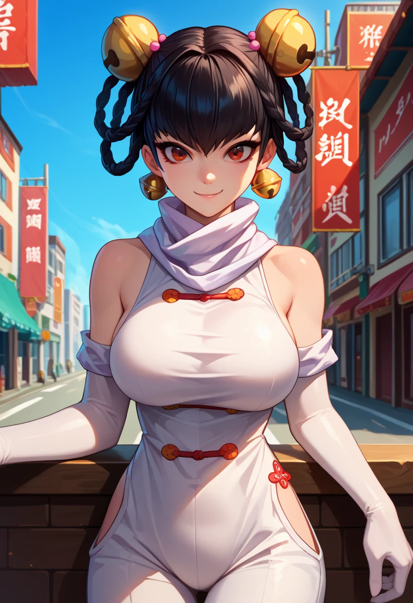 score_9, score_8_up, score_7_up, score_6_up,  source_Anime,  1 girl , Just pull ,  black hair,  short hair,  hair ring,  Twin Blades,  red eyes, hair bell,  white scarf, Chinese clothing,  red shirt ,  Sleeveless,  elbow gloves,  white pants,  Big Breasts, looking at you,  conceited , smile,  blue sky, city, upper body,  portrait