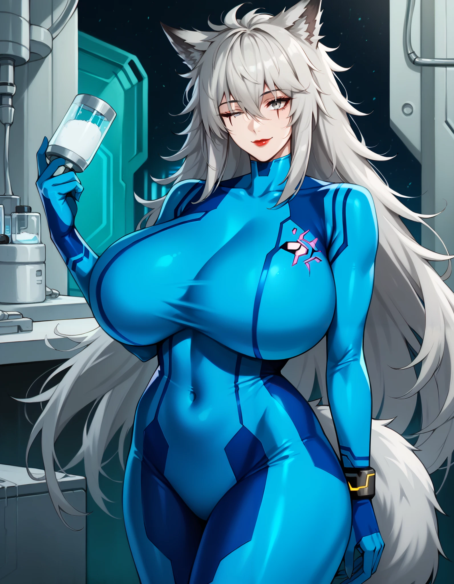 score_9, score_8_up, score_7_up, 1girl, milf, solo, monster girl, lldef, (gigantic breasts), (((grey hair), very long hair, messy hair, long sidelocks, hair between eyes, scar across eye, grey eyes, one eye closed, bangs, wolf ears, wolf tail)), red lips, ((samusarancosplay, samus aran \(cosplay\), blue bodysuit, bodysuit, covered navel, skin tight, zero suit)), ((light smile), closed mouth), ((looking at viewer, laboratory))