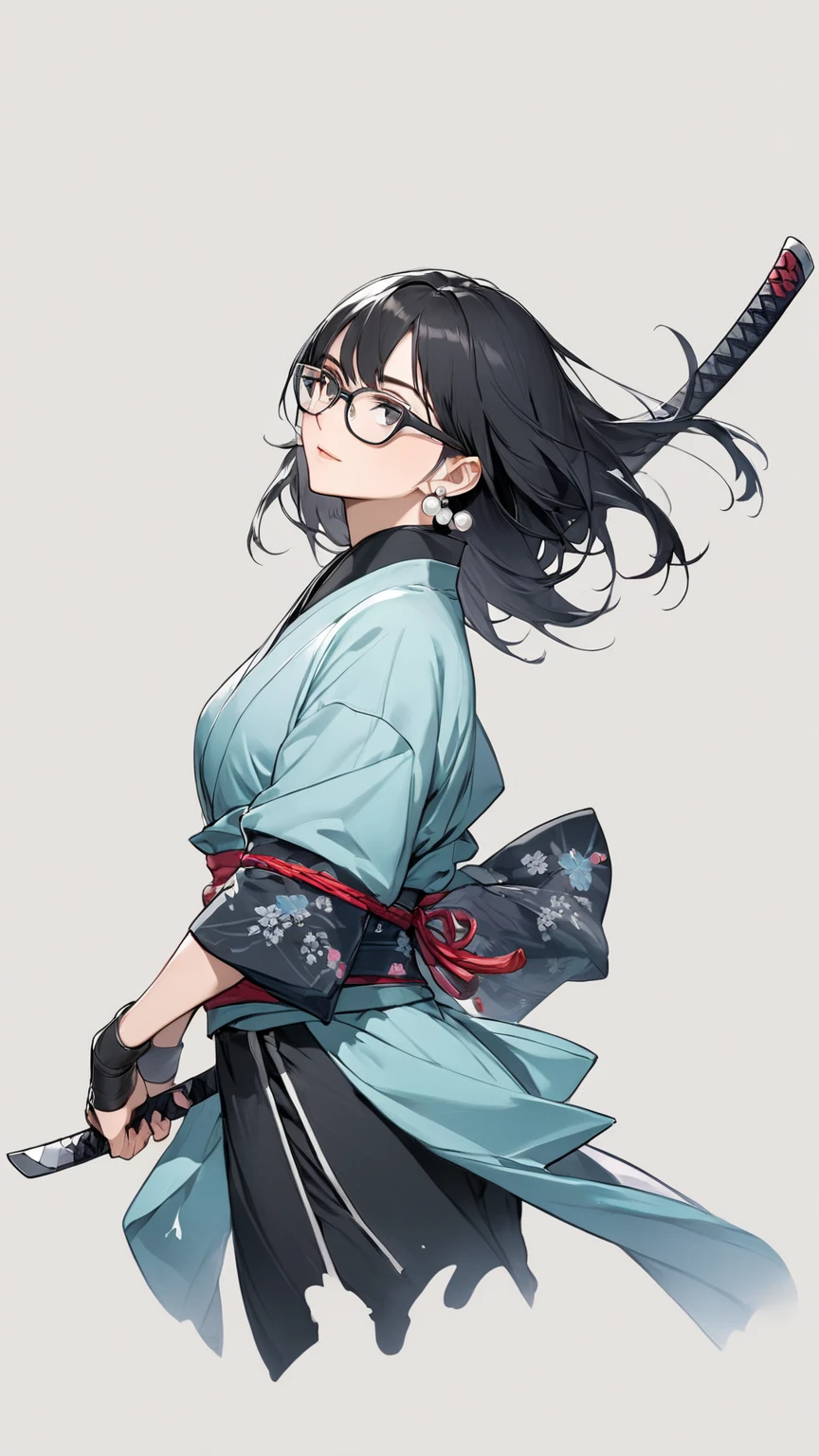 Black hair, glasses, pearl earrings, ninja