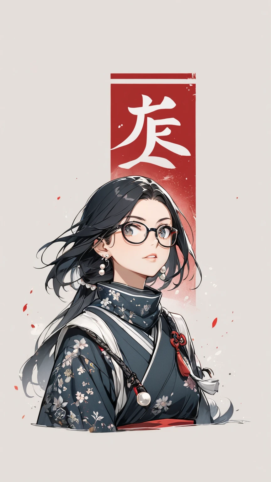 Black hair, glasses, pearl earrings, ninja