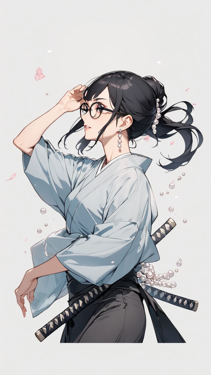 Black hair, glasses, pearl earrings, ninja