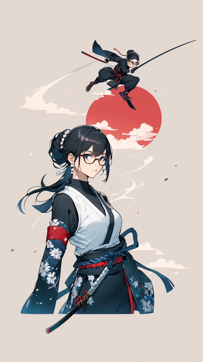 Black hair, glasses, pearl earrings, ninja