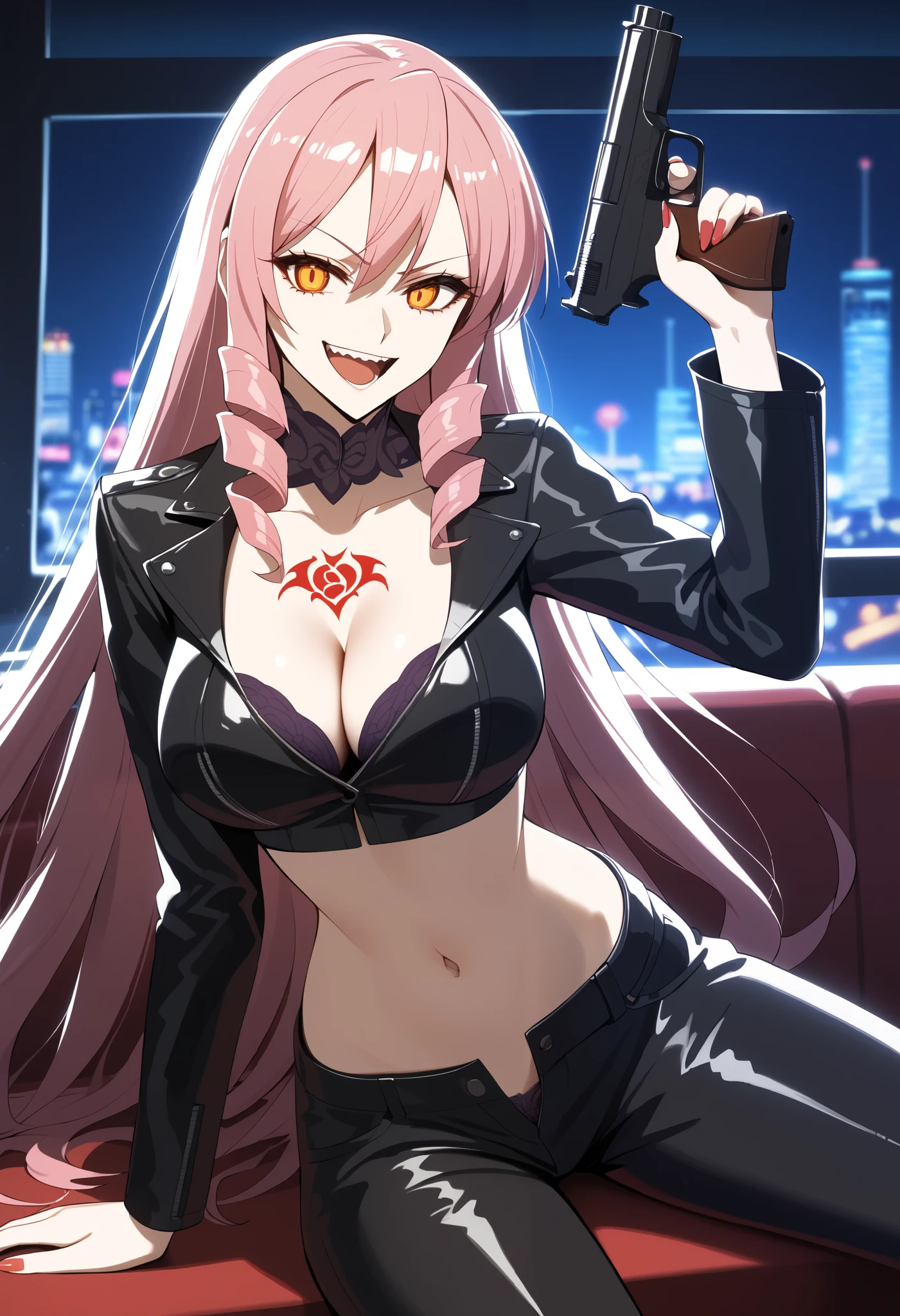 1girl, solo,
score_6, score_7, score_8, score_9,
 pink hair, long hair, drill hair, orange_eyes, yellow_eyes, midriff, navel, cleavage, smirk, FullyExposedStomach, midriff, navel,
(toned_body:0.8),  bar
background, inside bar,indoors, cityscape, casino, nightclub, city lights, masterpiece, best quality, highly detailed, a girls with a gun, evil smile , open mouth, sexy gaze, badass
pose , evil smile, smile, (nsfw) not safe for work, guns blazing, anime girl with long hair, beautiful long
haired girl, navel, evil expression, exposed belly, exposed navel, exposed midriff, exposed lower belly,
long black pants, crop top, cleavage, unbuttoned leather pants ,open fly, low rise black leather pants,
leather jacket, holding a gun, holding pistol,  , cleavage, unbuttoned shirt,shirt, knot,,, tattoo on body, dragon tattoo, tattoo midriff, rose tattoo,, dual wielding, 