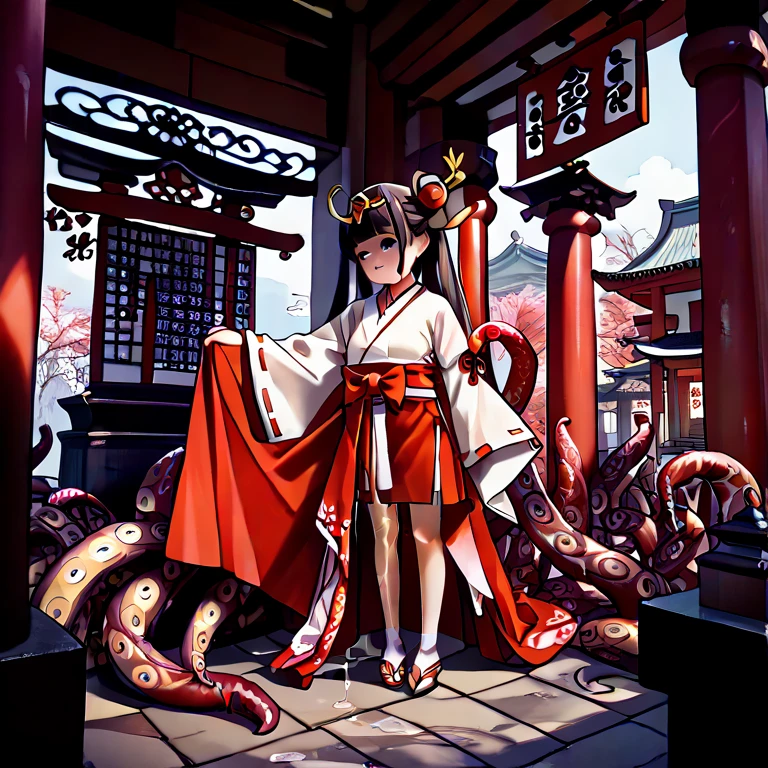 nsfw,masterpiece,best quality,ultra detaile,anime style,full body,1 girl,loli,age 10,miko,shrine maiden clothes,red long skirt,empty eyes, tentacles,( many_tentacles sex insid under_clothes:1.5), naked_cloak, (oversized_clothes:1.3),torn clothes by tentacles,