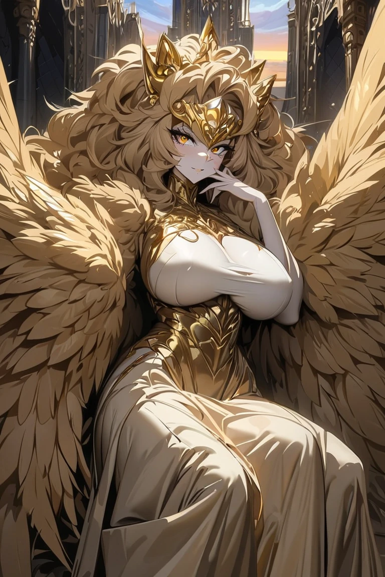 (masterpiece, best quality:1.2), highest quality, highest resolution, 4k art, 1 girl, solo, sitting on big gray stone throne, voluminous lion's mane, lion ears, glistening golden feathered wings, hand on face, detailed beautiful eyes, detailed beautiful face, glistening golden eyes, wide arrogant smile, egotistical, unique pose, long sleeve turtleneck crop-top, long baggy rapper trousers, sunglasses, zoomed out, perfect anatomy, big breasts, Underboob, sunset shadow casting over