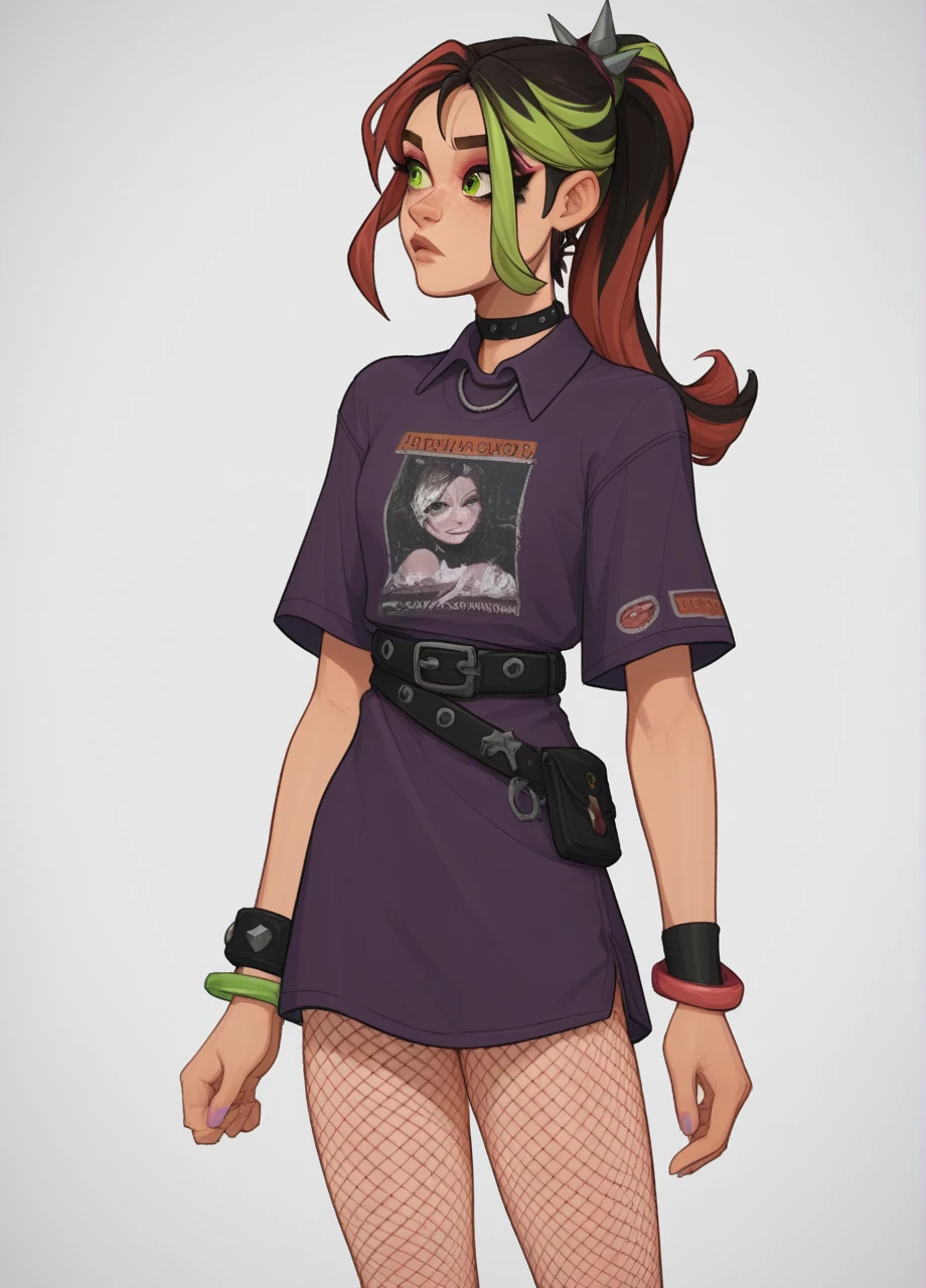 helsiedef  ,  ponytail,  bracelet ,  green eyes, Multicolored Hair, gem, makeup,  tucked in tie ,  purple shirt , black belt, single,   fishnet pantyhose  ,  1 girl , Alone,  Cowboy Shot ,   white background score_8_up, score_7_up, score_6_up, score_5_up, score_4_up,