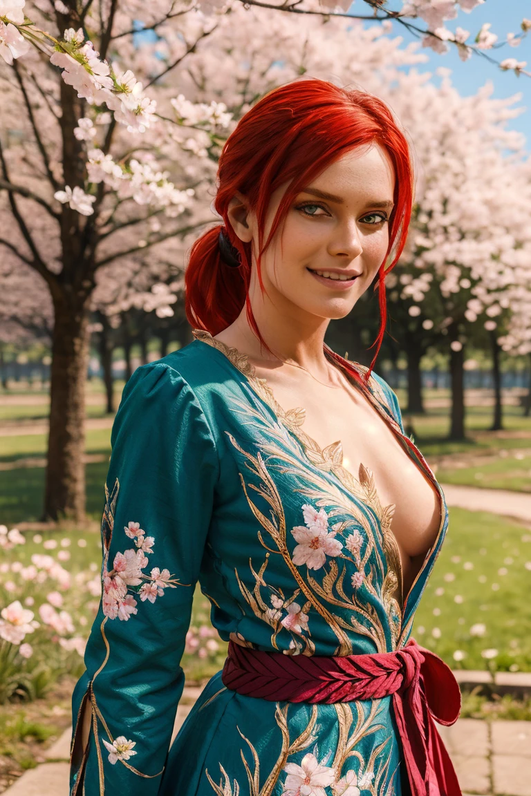 trissW3_soul3142, green eyes, red hair, ponytail, green attire, naked, sash, floral pattern, long sleeves, looking at viewer, serious, smiling, standing, upper body shot, outside, garden, cherry blossom forest, fog, sunny, high quality, masterpiece, 