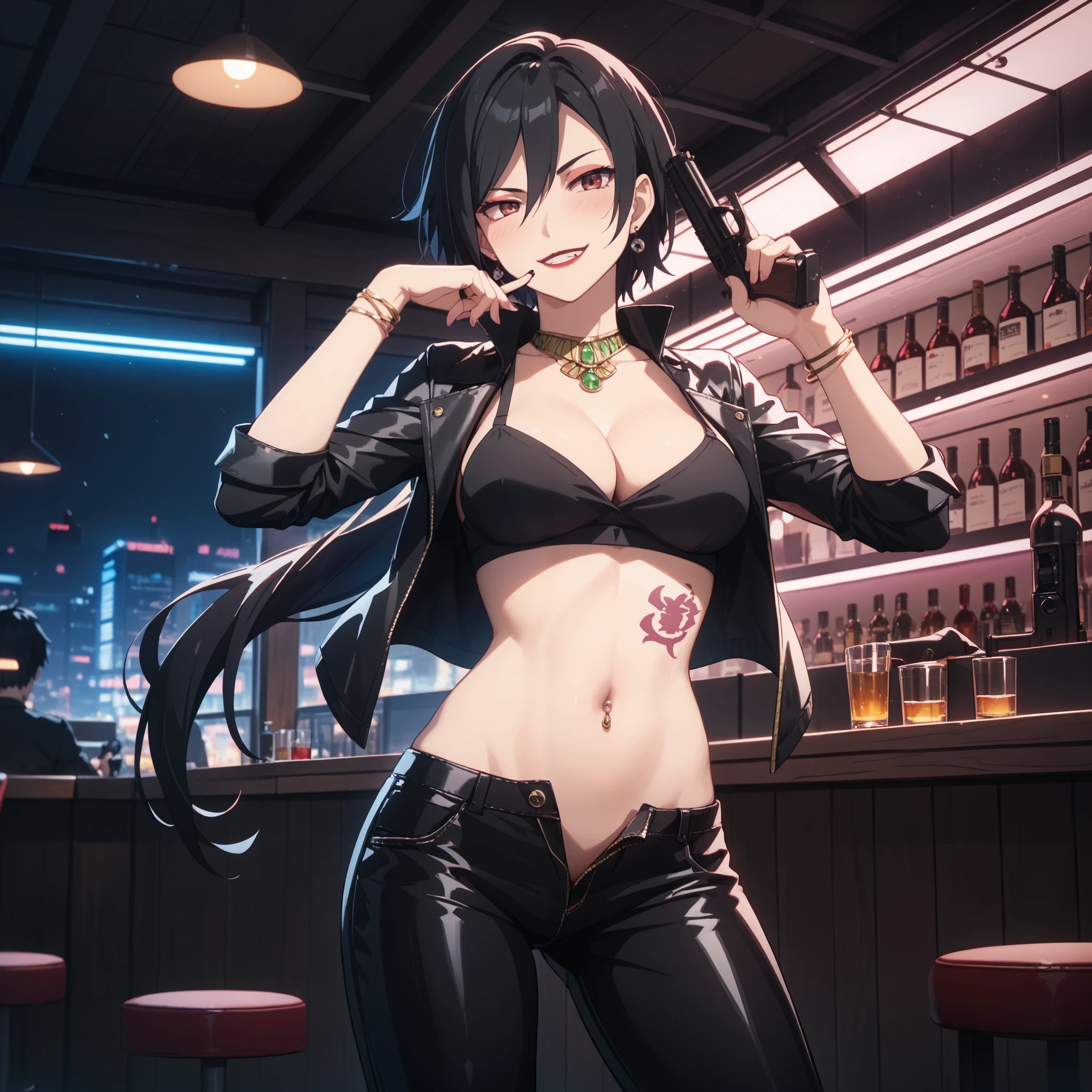 dtbshaozi, best quality, masterpiece, uncensored,1girl, solo,tsurime,black hair,stomach tattoo, midriff, short hair, large breasts, navel, earrings,  medium breasts, bracelet, red eyes, necklace, makeup,lipstick,  dual wielding, , ear piercing, long hair, blush, lipstick,Hot girl, baddie, smoking, sensual, attractive ,bar
background, inside bar,indoors, cityscape, casino, nightclub, city lights, masterpiece, best quality, highly detailed, a girls with a gun, evil smile , open mouth, sexy gaze, badass
pose , evil smile, smile, (nsfw) not safe for work, guns blazing, anime girl with long hair, beautiful long
haired girl, navel, evil expression, exposed belly, exposed navel, exposed midriff, exposed lower belly,
long black pants, crop top, cleavage, unbuttoned leather pants ,open fly, low rise black leather pants,
leather jacket, holding a gun, holding pistol, navel piercing , cleavage, unbuttoned shirt,shirt, knot,g, tattoo on body, dragon tattoo, tattoo midriff, open arms sideway, arms T-pose, smirk, standing, anime girl T posing