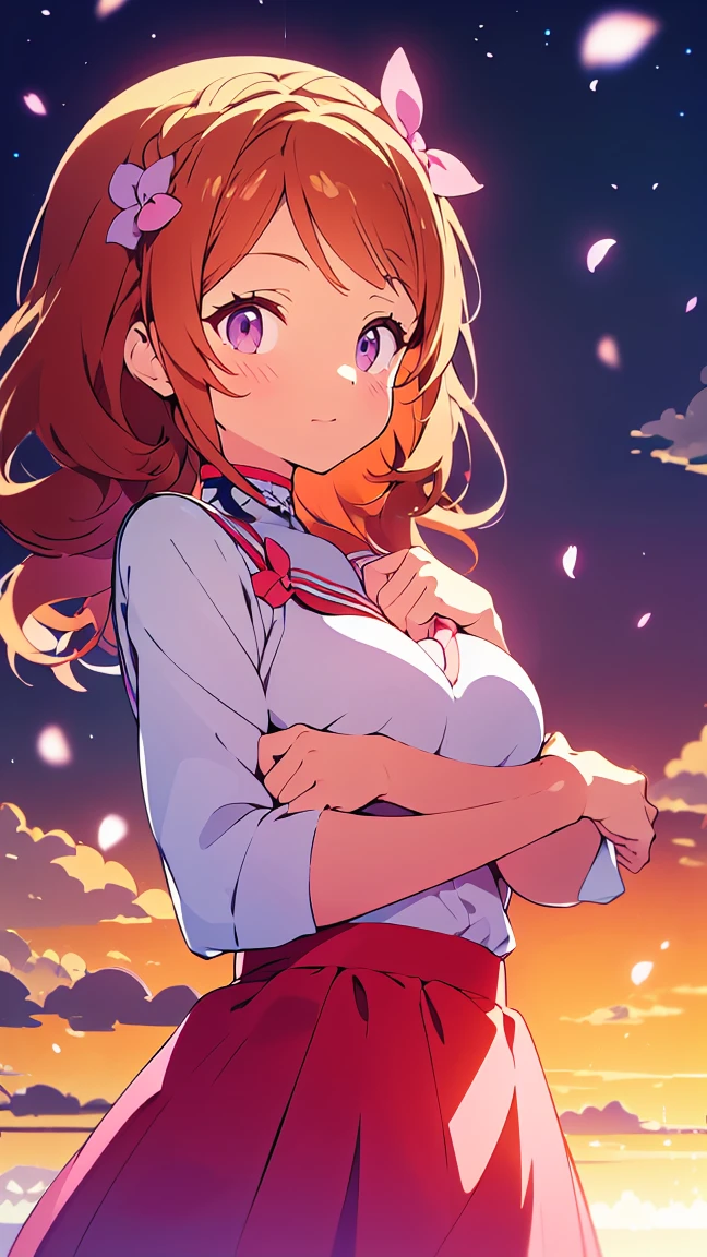  orange hair，One person， pink ribbon，Akari Ozora，((masutepiece)), ((Best Quality)), (Ultra-detailed), anime style ，Idol Academy ，consider，Aikatsu characters， Official Anime Item ， breast size is c cup，With a snowy night in the background，8k，4K，16k， high school idol ，Photo Collection，Face is front，Anime Coloring Book，She is 155 cm tall.， ichigo hoshimiya，Be aware of only the color scheme Giantess ， the best smile I can only show you，A scene from an anime，Natural skin color，Make the outline line natural，Clear Filters ，Clumsy  but hard work ，Workmanship not visible in the illustration，Face only、seed（2350895890）