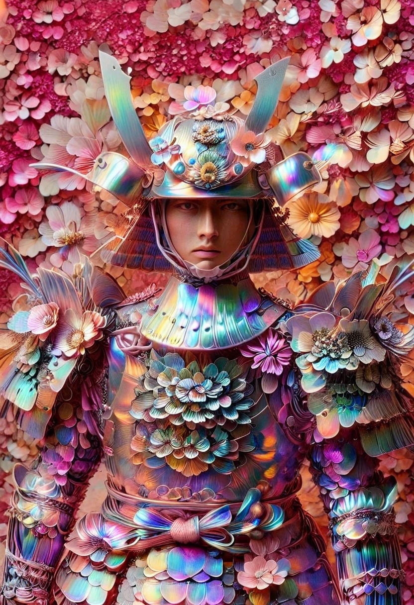 all pink color, one man,standing, whole body head to feet, looking at viewer, stands upright, hands down, wearing Samurai Armor and helmet,Armor is made of flower,Armor color all pink,no metal,shiny armor, pink flower garden background,8K,realism