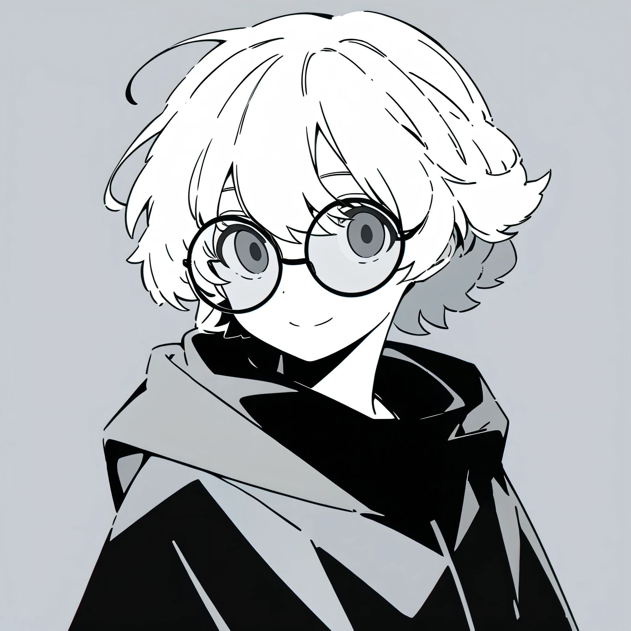 score_9, best quality, anime, lora, keke, 1girl, white hair, short hair, black eyes, circular glasses, grey background, confident, smile, solo, visionary, black hoodie, black clothes, simple colors, clean lineart, ((duotone:1.5)), vector