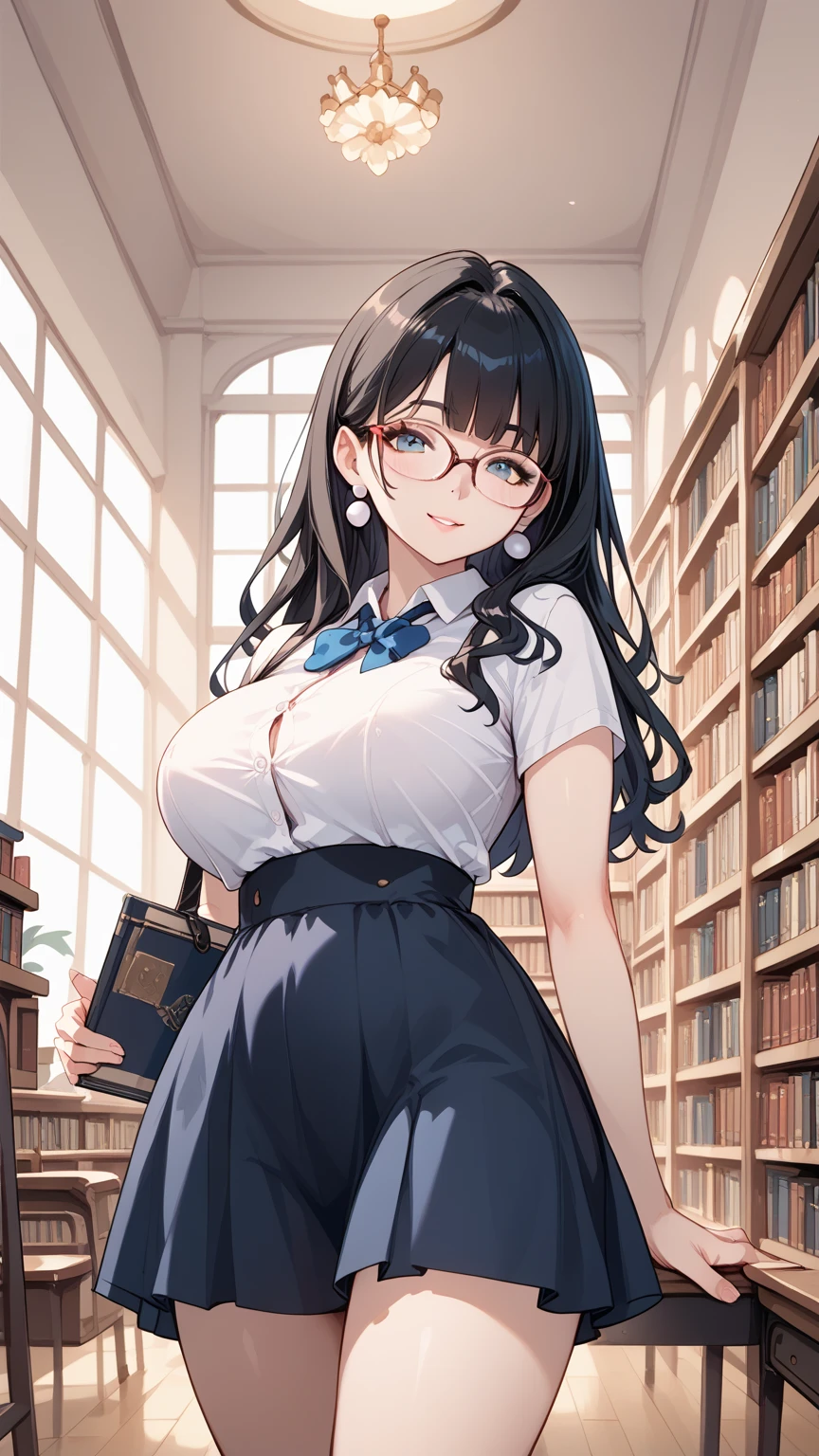 Black hair, glasses, pearl earrings, older sister who works at the library