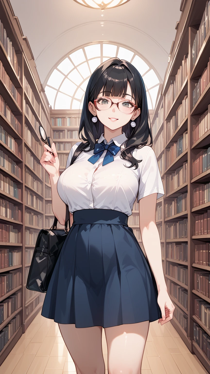 Black hair, glasses, pearl earrings, older sister who works at the library