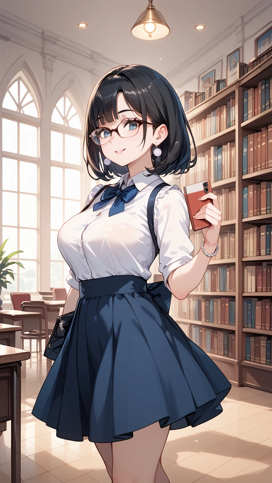 Black hair, glasses, pearl earrings, older sister who works at the library