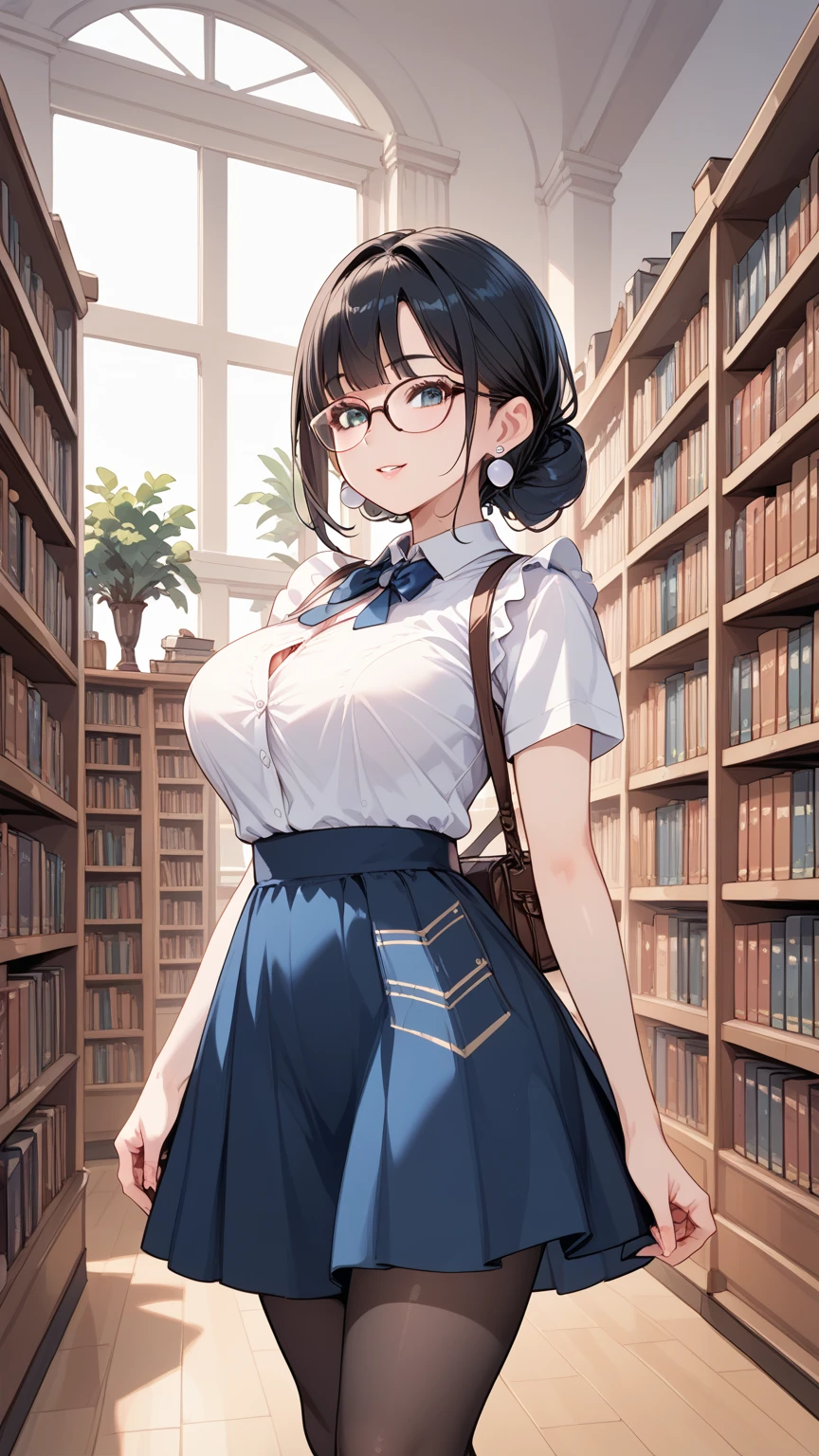 Black hair, glasses, pearl earrings, older sister who works at the library