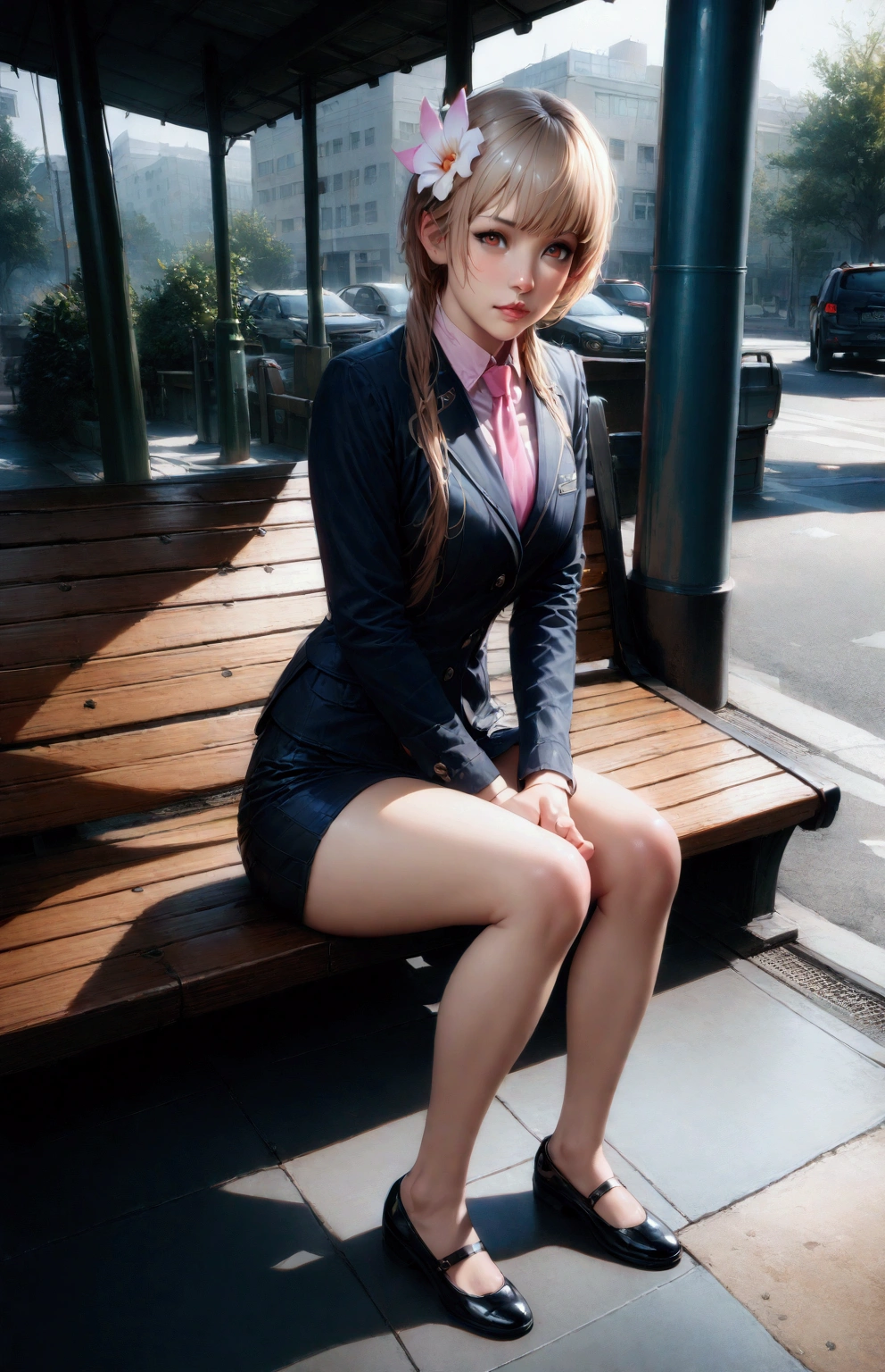 young woman, {Tachibana Marika, brown eyes, hair ornament, hair flower, light brown hair, short hair with long locks, bangs}, sitting, waiting a bus, green bus stop, navy-blue long sleeves blazer, pink collared undershirt, navy-blue necktie, navy-blue pencil mini skirt, black flat shoes, black bag, BREAK, (1girl, solo, full body), (best quality,4k,8k,highres,masterpiece:1.2),ultra-detailed,(realistic,photo-realistic:1.37),cinematic lighting,moody lighting,dramatic shadows,vibrant colors, (expressive eyes, perfect face, perfect anatomy), brighter lighting
