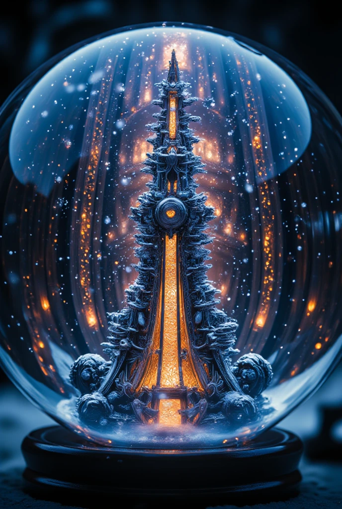 Dark Fantasy ,  in the Crystal Ball You can see the Tower Very Beautiful with Patterns, It&#39;s snowing,  Shimmer The patterns on it , mystical background ,  masterpiece fails, 8 k,  better quality ,  complex , bright colors,  Maximum details ,  maximum quality , detailed,  fantastic , 