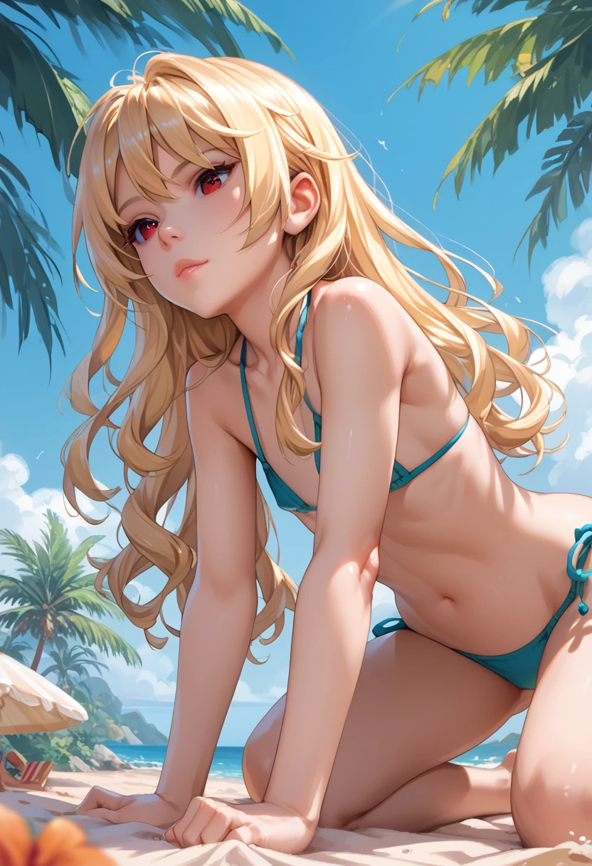 (masterpiece:1.2, best quality), (finely detailed beautiful eyes: 1.2), solo focus,   (extremely detailed CG unity 8k wallpaper, masterpiece, best quality, ultra-detailed, best shadow), (detailed background), (beautiful detailed face, beautiful detailed eyes) , 1girl, noona, 1girl, solo,bikini, wet hair, large breasts,  High contrast, beautiful sexy woman, adult, (best illumination, an extremely delicate and beautiful),(simple backround, outdoors, beach, ocean, sea, sand, blue sky,), looking at viewer,beautiful detailed glow,