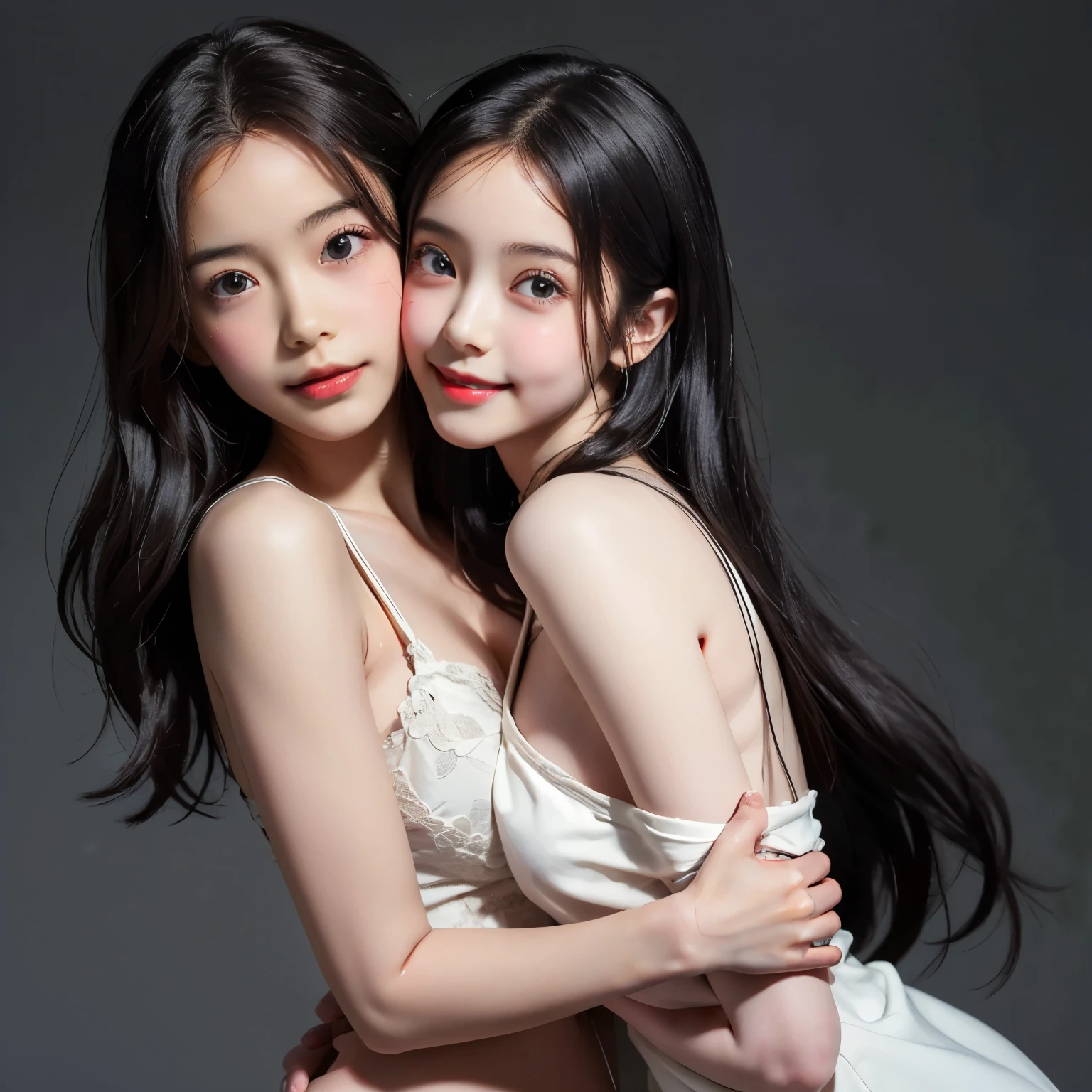 ((masterpiece)), ((best quality)), ((ultra-detailed)),((hyperrealistic)),(japanese cute girl),(shiny skin),1 ladyl,(black hair),long hair,forehead,(plain forehead),(black eyes,tareme,droopy eyes),(slenderbody),,(hugging realdoll),upperbody shot,smile,