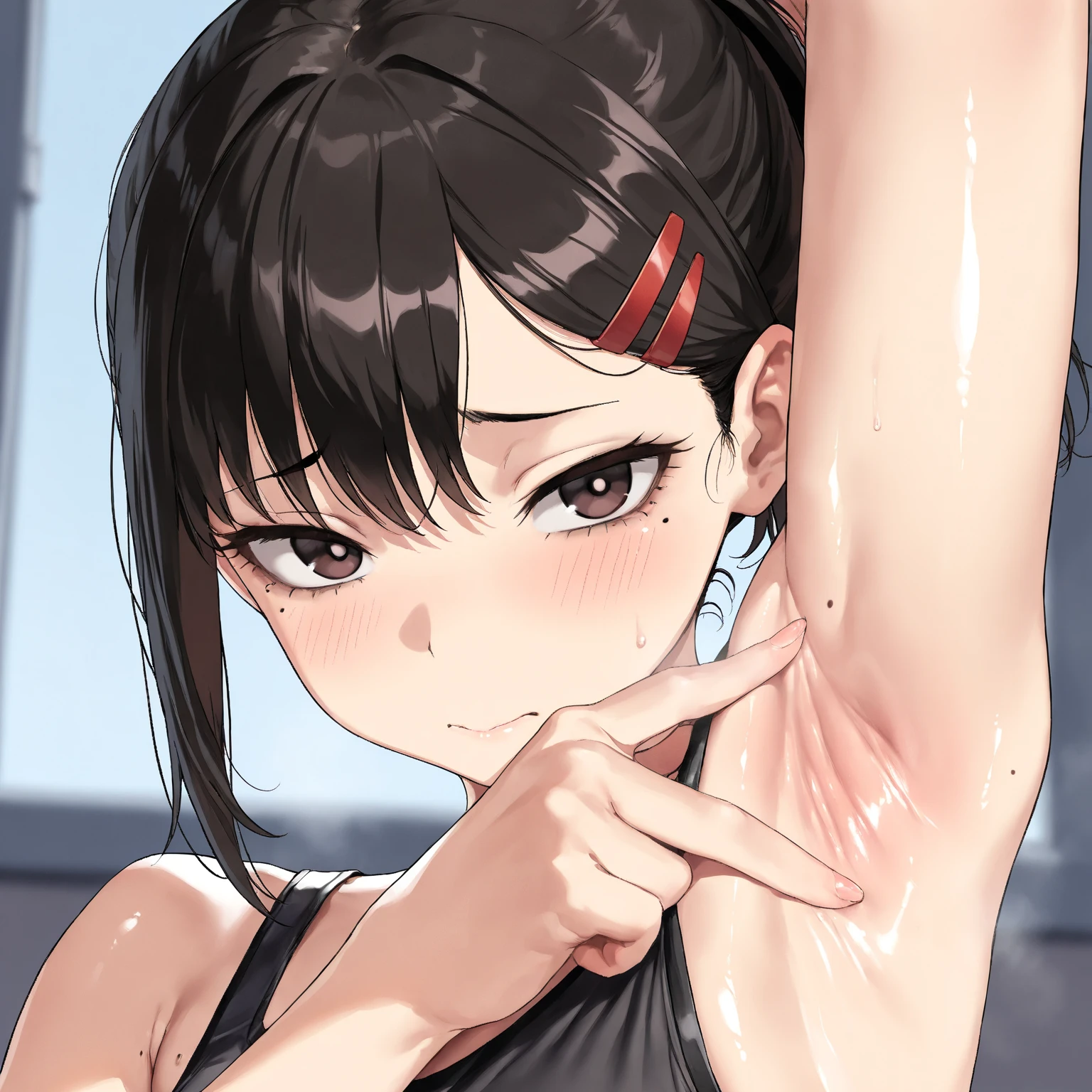 (Best Masterpiece, HDR, 2k, High Quality) 1girl, kobeni higashiyama, black hair, hair ornament, hairclip, mole, mole under eye, ponytail, short hair, brown eyes, ((Arm Up, Armpits, Showing Armpits, Detailed Armpits, Shiny Armpits, More Detailed Armpits, Armpits Crease, Perfect Armpits, Zoom In Armpits, Side Armpits)) Disgusted Expression