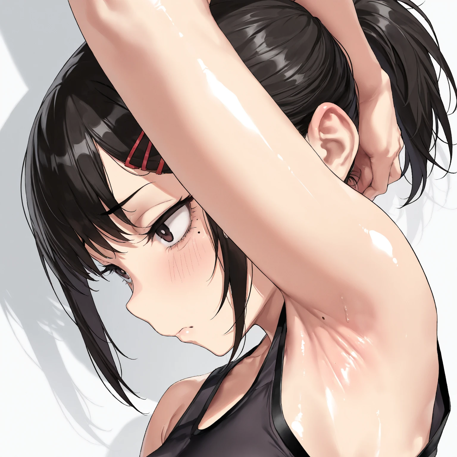 (Best Masterpiece, HDR, 2k, High Quality) 1girl, kobeni higashiyama, black hair, hair ornament, hairclip, mole, mole under eye, ponytail, short hair, brown eyes, ((Arm Up, Armpits, Showing Armpits, Detailed Armpits, Shiny Armpits, More Detailed Armpits, Armpits Crease, Perfect Armpits, Zoom In Armpits, Side Armpits)) Disgusted Expression