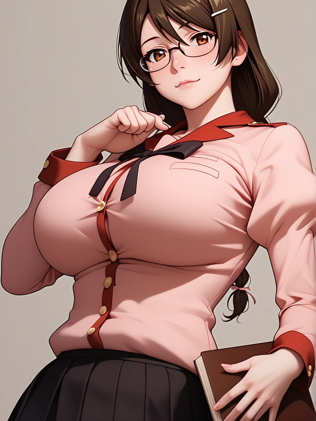  score_9,  score_8_up,  score_7_up,  score_6_up,   source_Anime, Anime_  stiletto style ,   rating _i doubt it, quality_  masterpiece  , Accurate_anatomy, Front Angle View ,  1 girl in uniform, Hanekawa, Big Breasts, ribbon, moreover _expensive_School_uniform, School uniform,   Long Sleeve  , puffy   Long Sleeve  ,   pink shirt ,   black skirt,   Juliet skirt holding a book on her chest,   pleated skirt , clavicle,  I have glasses ,  holding a book on her chest ,   standing with different breasts ,   cute pose  ,  plain background ,Busty, chewy boobs that are too big 