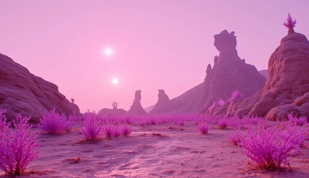 ((masterpiece)) ((photography)) ((Highest quality))  An otherworldly planet landscape with surreal, lace-like vegetation that appears delicate yet strong, resembling a fusion of lace and leather textures. The mountains are bizarre and unconventional, shaped like dildos and sextoys, with unique, intricate formations that defy natural laws, and flashy colors like pink and purple. The sky above is filled with two suns, casting an eerie yet captivating glow,. the ground has a flesh pink texture and rocks a beige human's skin like texture.