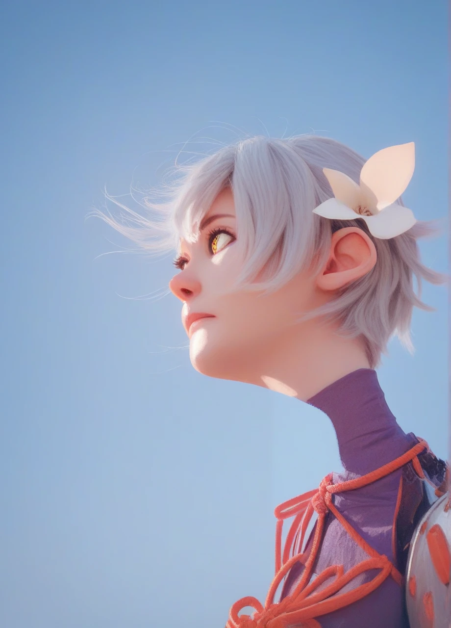  Real 3D ,  1 girl , Alone, Gray Hair, hair flower, yellow eyes,  short hair, Kine Samurai , Asymmetrical clothing, japanese armor,  portrait,  watching viewers, wind, Side View,  blue sky, score_8_up, score_7_up, score_6_up, score_5_up, score_4_up,