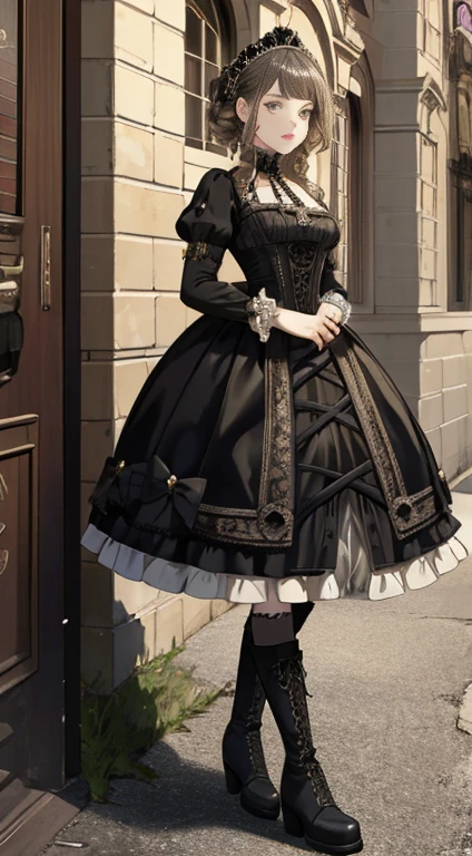 A woman in a dress and boots is standing in front of a building, baroque dress, in detailed steampunk dress, an elegant gothic princess, victorian gothic lolita fashion, Historical Baroque Dress Dark, black gothic lolita dress, fantasy style clothing, rococo dress, black rococo, classical witch, fantasy outfit, wearing a gothic dress, romantic dress, gothic dress