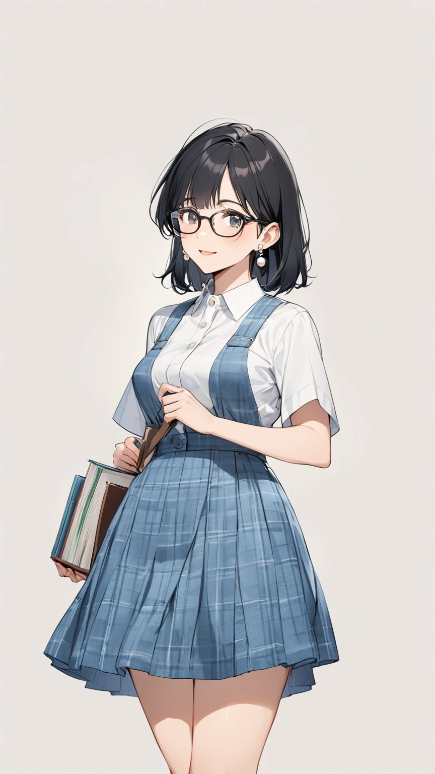 Black hair, glasses, pearl earrings, older sister who works at the library