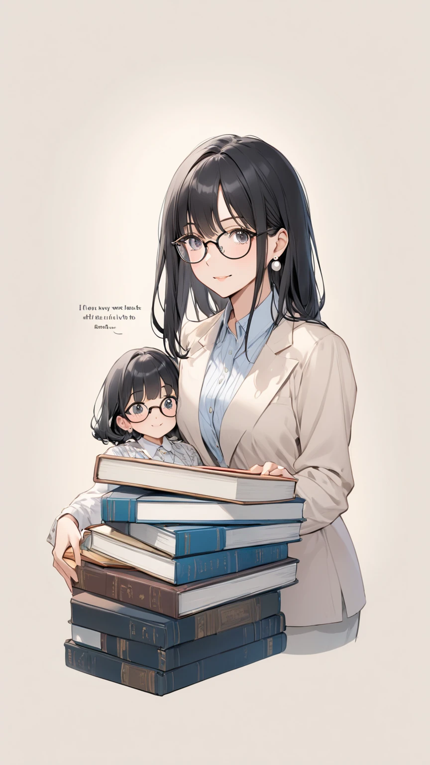 Black hair, glasses, pearl earrings, older sister who works at the library