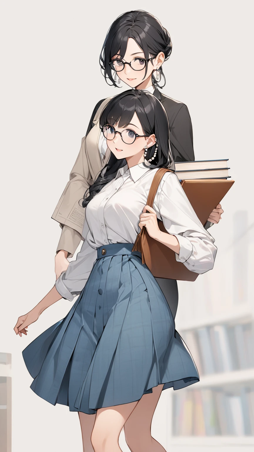 Black hair, glasses, pearl earrings, older sister who works at the library