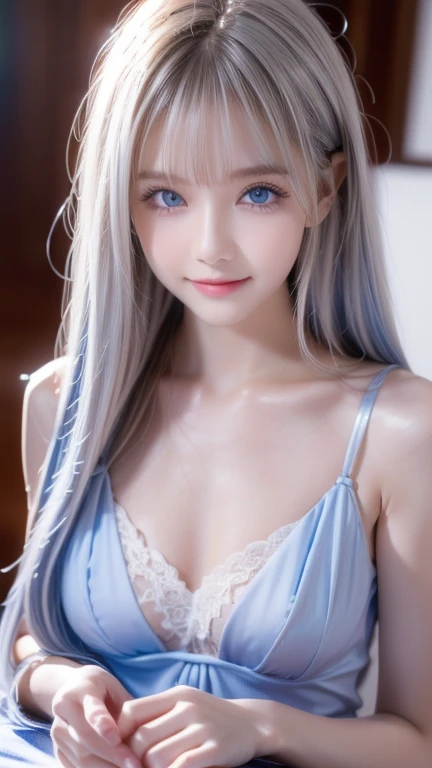 The pieces fly,  top quality, figure, Very detailed,  Details,  high definition , 8k Dende wallpaper, 完璧なダイナミックな構figure,  precise and beautiful eyes,  dress,  super long platinum blonde hair,Bangs that flow between the eyes、 Hair above chest eyes ,  natural color lips ,  random sexy poses, is a smiling face ,  beautiful girl， cute type、 big, bright light blue eyes shine so beautifully、 Very Big Eyes 、 Cheek highlights 、Very white and beautiful skin、Glowing Skin、Small Face Girl