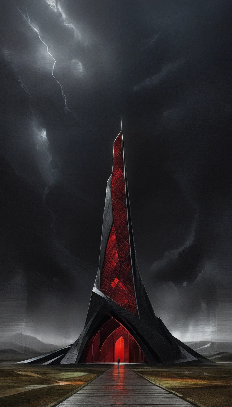 Realistic scenery, a black tower taller than edge of image, ((made of obsidian blocks)), Gothic architecture, roman arches, flying buttresses, red glass mosaic windows, sky is a dark and ominous vibe, sky is amber-red colored, ring thunder clouds around cloudy sky, the road to the tower is modern tarmac with painted lines, road is surrounded by royal red roses in bloom, roses have a tiny cosmos in the center of the bloom, moody, atmospheric, darkly threatening, awawa, pencekenan