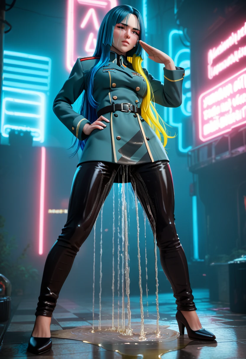 (high quality,Very detailed:1.37, High resolution), 2d, anime, anime style, anime source, Woman, breasts, long hair, black hair, blue hair highlights, yellow hair highlights, red hair highlights, military uniform, tight pants, (wetting self:2.0), salute, futuristic, science fiction, (best quality,4k,8k,highres,masterpiece:1.2),ultra-detailed,highly detailed face,extremely detailed eyes and face,portriat,dramatic lighting,vibrant colors,neon lights,technologically advanced environment