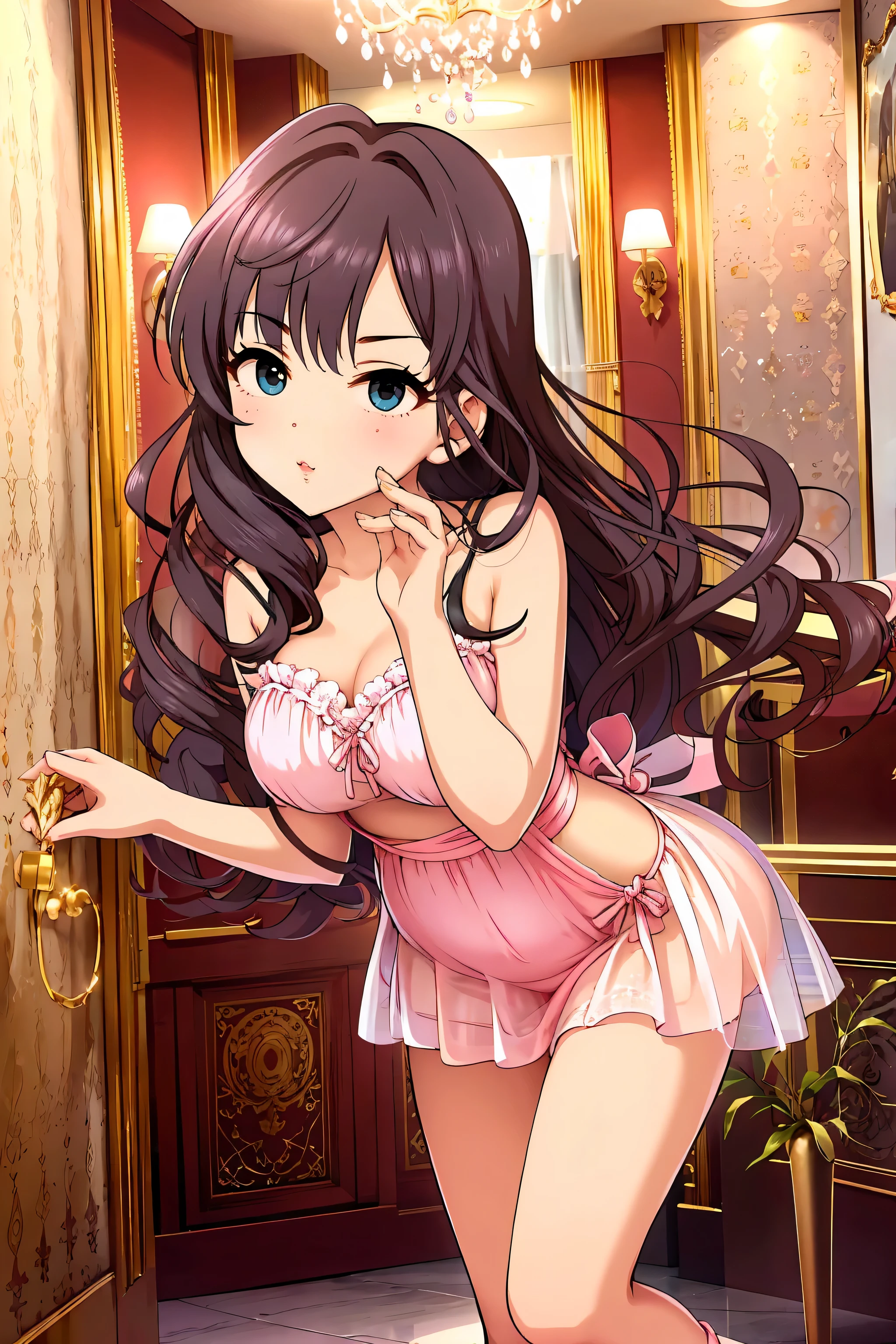 Very high quality 、、Ultra-high resolution 4K、Beautiful image quality、  wearing a pink dress with silver buttons、 bright  、Full body details、  model-like style  、 beautiful beauty in a black room 、 glamorous body、 Detailed Expression of Her Waist Curves 、 Best Situation  、 are as cute as idols、 Very Sexy Lingerie 、  sexy pink lingerie、The ribbon is cute、 G-cup breasts、Ample breast size 、 Sexiest body 、Young Face、  Realistic feel in the middle of a wooden staircase 、 The most beautiful body 、  Women Are Sexy and Seductive 、  Women Are Sexy and Provocative  、  focus on the crotch  、The woman is pregnant、 That Woman Has a Big Stomach 、A motherly look、 That Woman Has a Surprised Look 、