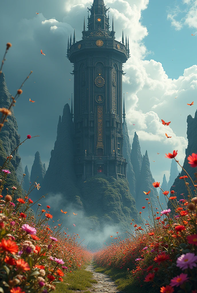 Dark Tower Cake Beautiful ,  is next to a warm-flavored cup of coffee on the table,  sunny day, bright colors,  better quality ,  complex ,  Maximum Details ,  masterpiece fails, 8 k, Shine, 